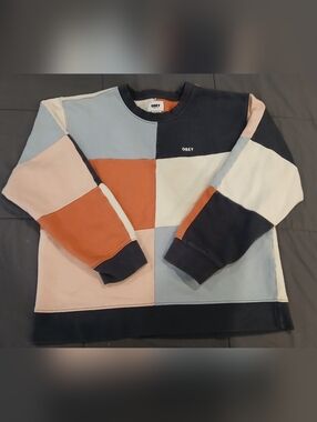 OBEY Organic Colorblock Sweatshirt Size Large – Multicolor Patchwork Crewneck